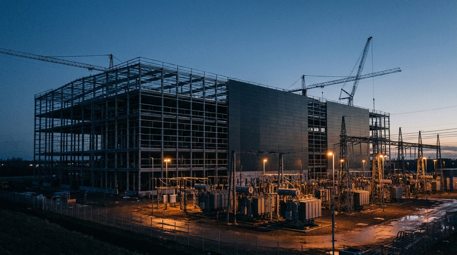 An AI data center under construction at dusk, with a transformer yard and cranes